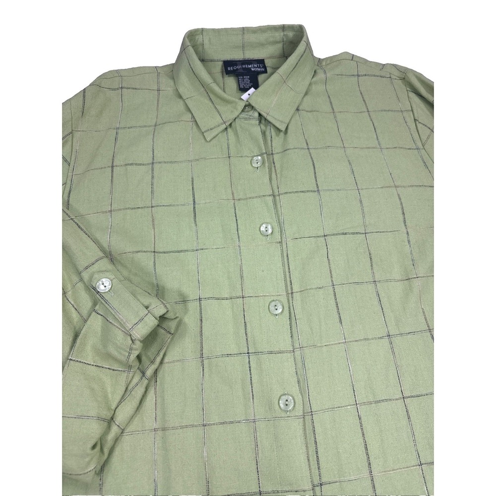 Requirements Top Women's 20W Green Windowpane Roll Tab 3/4 Sleeves Linen NWT